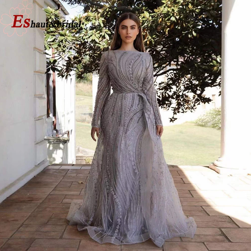 Dubai Silver Lace Evening Dresses 2024 Mermaid Boat Neck Crystal Handmade Long Sleeves Wedding Formal Prom Party Gown Customized