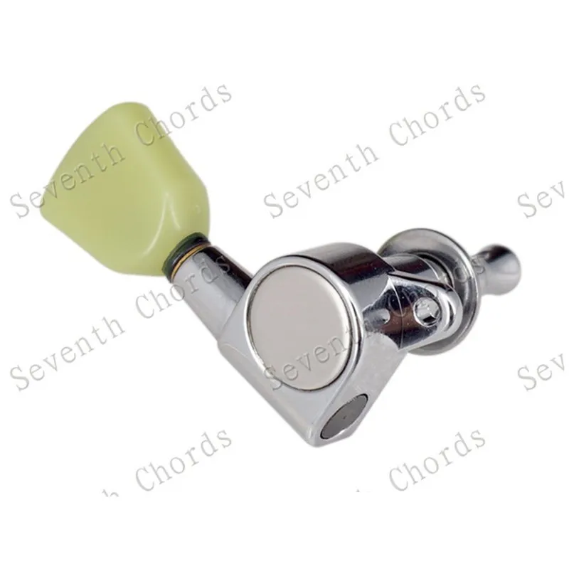 Ein Set mit 6 Stück versiegelten Mechaniken für Gitarren, inklusive Stimmwirbeln, Stimmknöpfen und Trapez-Jade-Grün-Knöpfen, Gitarrenzubehör und -teile. – Detail 6