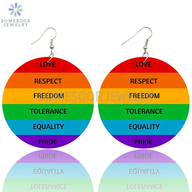 SOMESOOR Love Respect Freedom Rainbow Printed Wooden Drop Earrings Kindness Equality Pride Sayings Dangle Jewelry Women Gifts