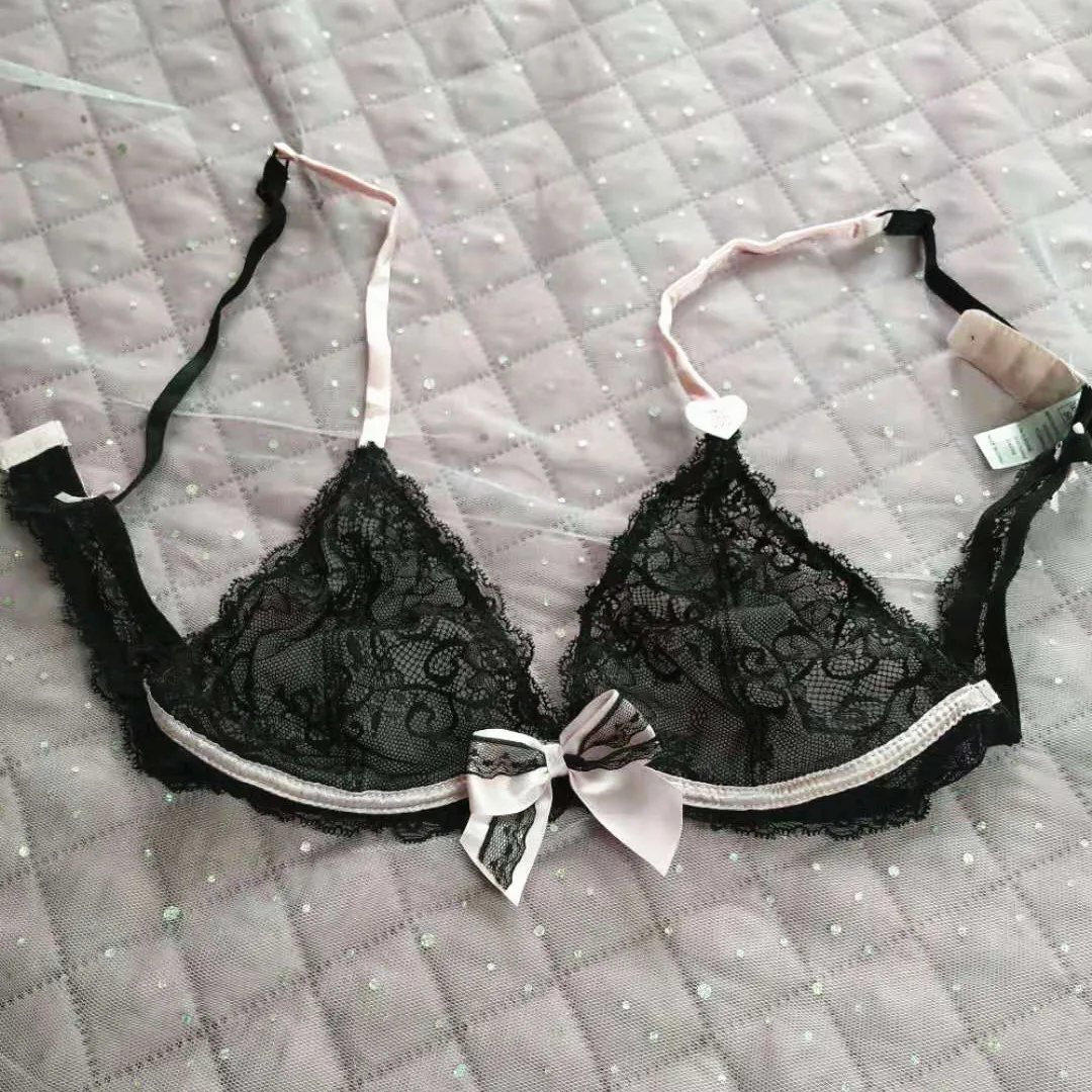 Ultra Thin Lace Lingerie Set 1/3 Cup Big Bow Color Block Bra and Panty Set Sexy See Through Transparent Underwears Summer Wear