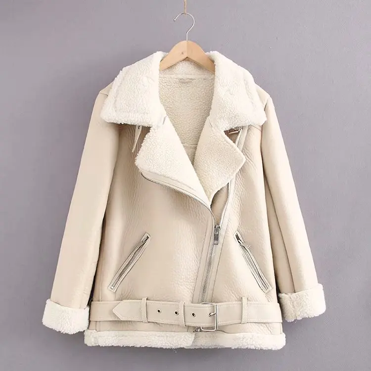 Women beige fur faux leather jacket coat with belt turn down collar Ladies 2022 Winter Thick Warm Oversized Coat Bomber Jacket