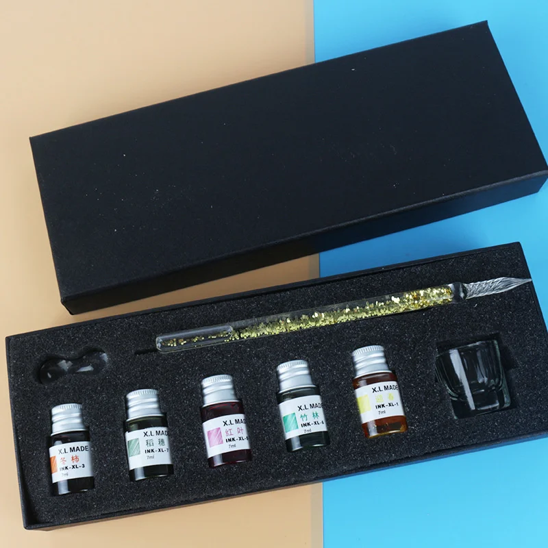 Quicksand Glass Pen Dipped In Water 3/8pcs Fountain Pencil Gold Powder Color Ink Set Creative Gift Pencil Student Gifts