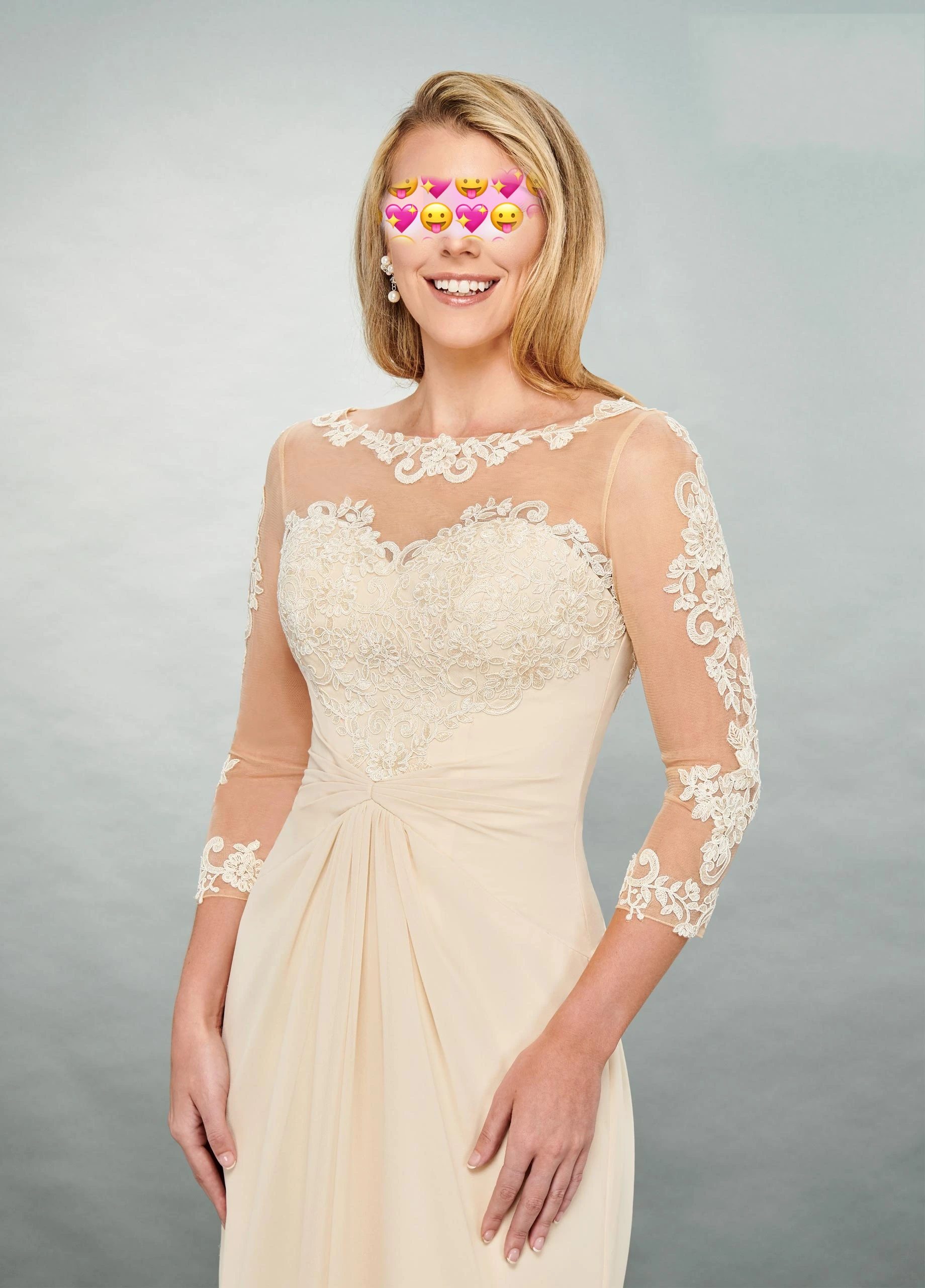 Champagne Appliques di pizzo abiti per la madre della Sposa 3/4 maniche lunghezza del pavimento vedere attraverso Chiffon Abito Mamma Sposa 2020