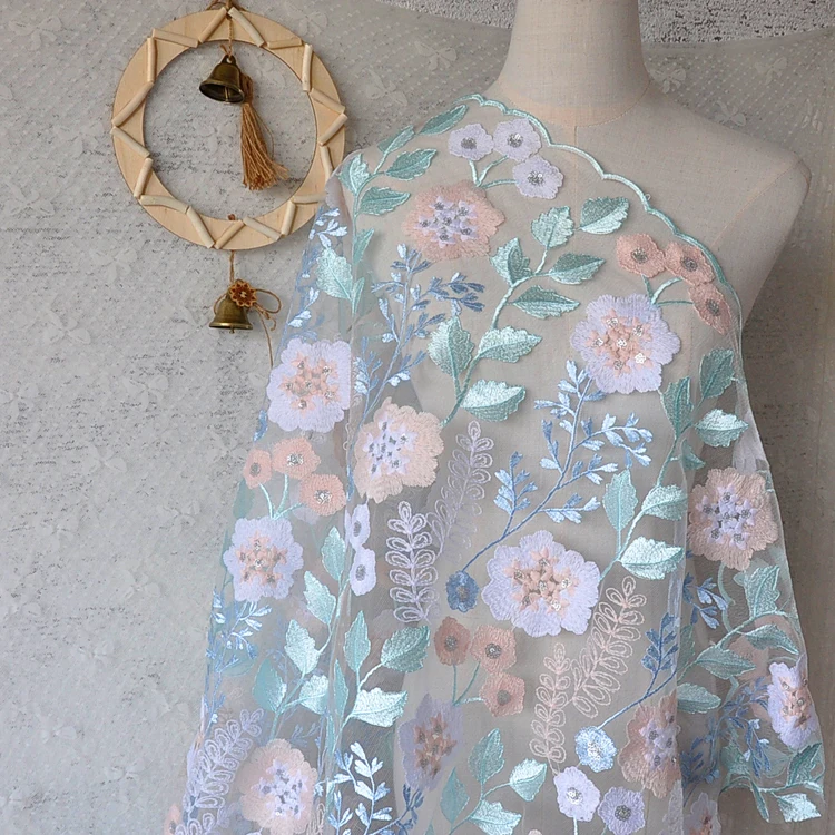 Apricot flowers leaves sequins lace fabric color mesh embroidery fabric clothing, wedding dresses, dress cloth