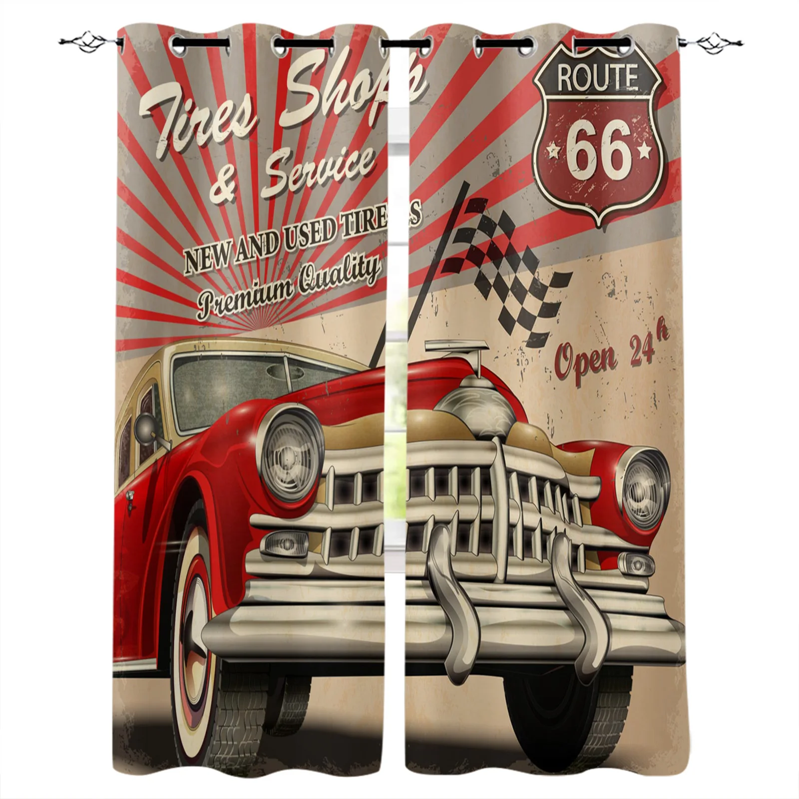 Car Retro Route 66 Curtains for Bedroom Living Room Kitchen Finished Window Treatment Drapes