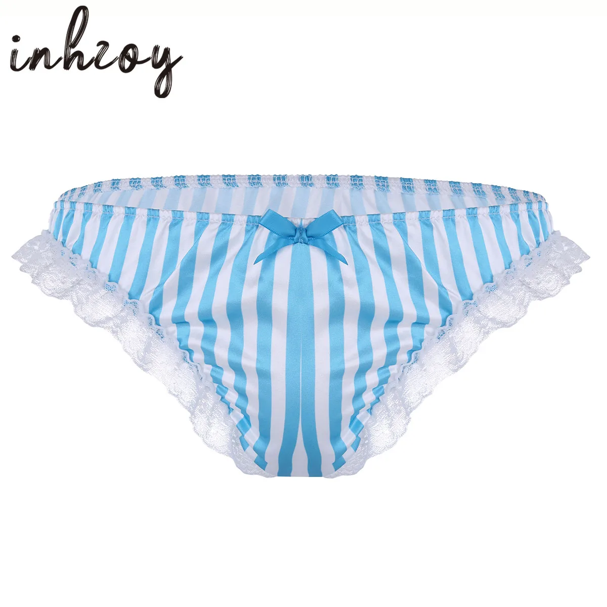 Men's Satin Striped Print Sissy Panties Sexy Gay Silk Shiny Frilly Lace Bikini Briefs Underwear