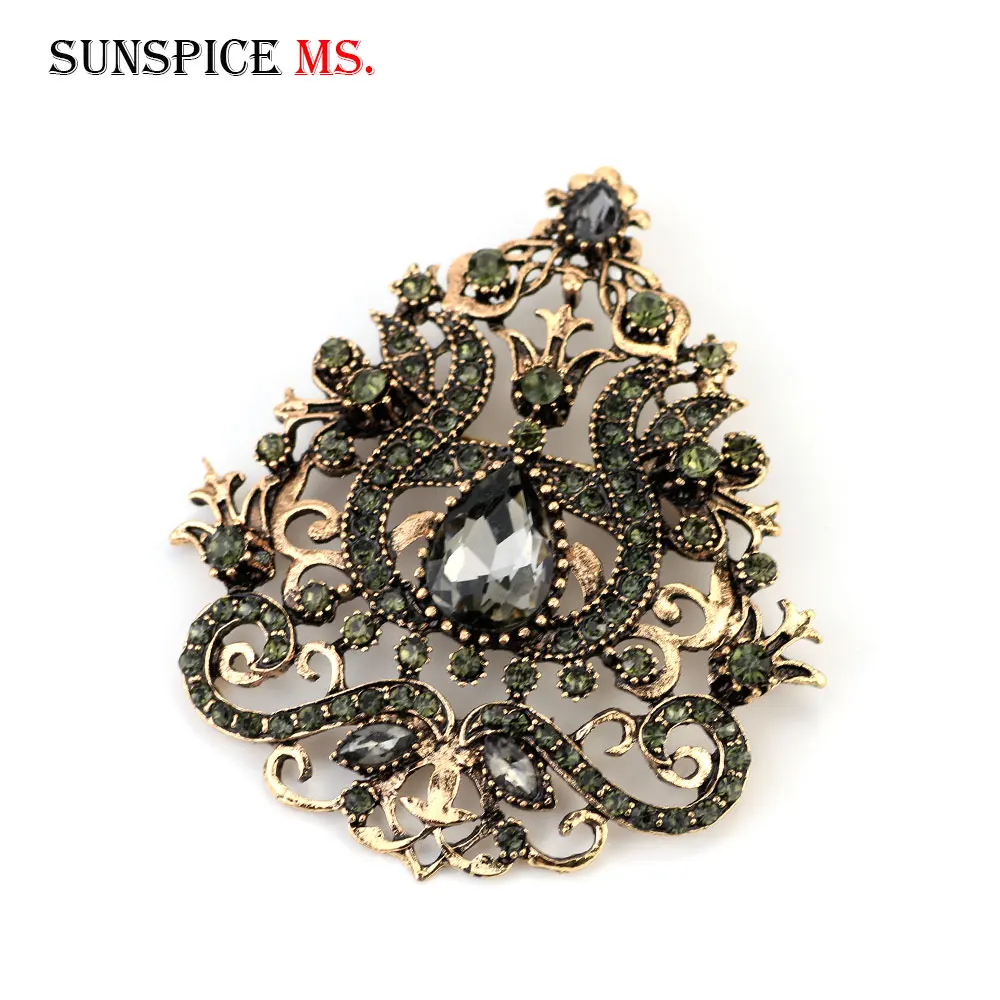 Sunspicems Vintage Turkish Flower Brooch Pins for Women Gray Rhinestone Retro Gold Color Boho Ethnic Banquet Jewelry Gift 2020