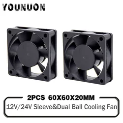 2 Pieces 60x60x20mm 6020 12V 24V Dual Ball 3D Printer Cooler Fan 60mmx20mm Brushless Machine Equipment DC Motor Cooling Fan