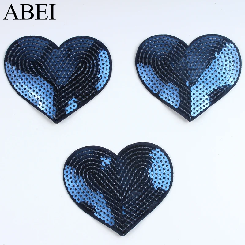 10pcs Embroidered Royal Blue Patches Iron On Sequined Heart Patch Glittle Fabric Appliques For Jeans Backpack Shoes Coats Pants