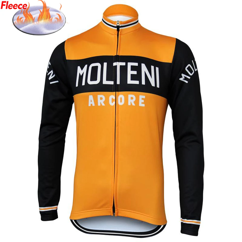 

MOLTENI Retro Winter Fleece Cycling Jersey Orange Bike Clothing Road/MTB Bicycle Wear Shirts Long Sleeve Thin FULL ZIP