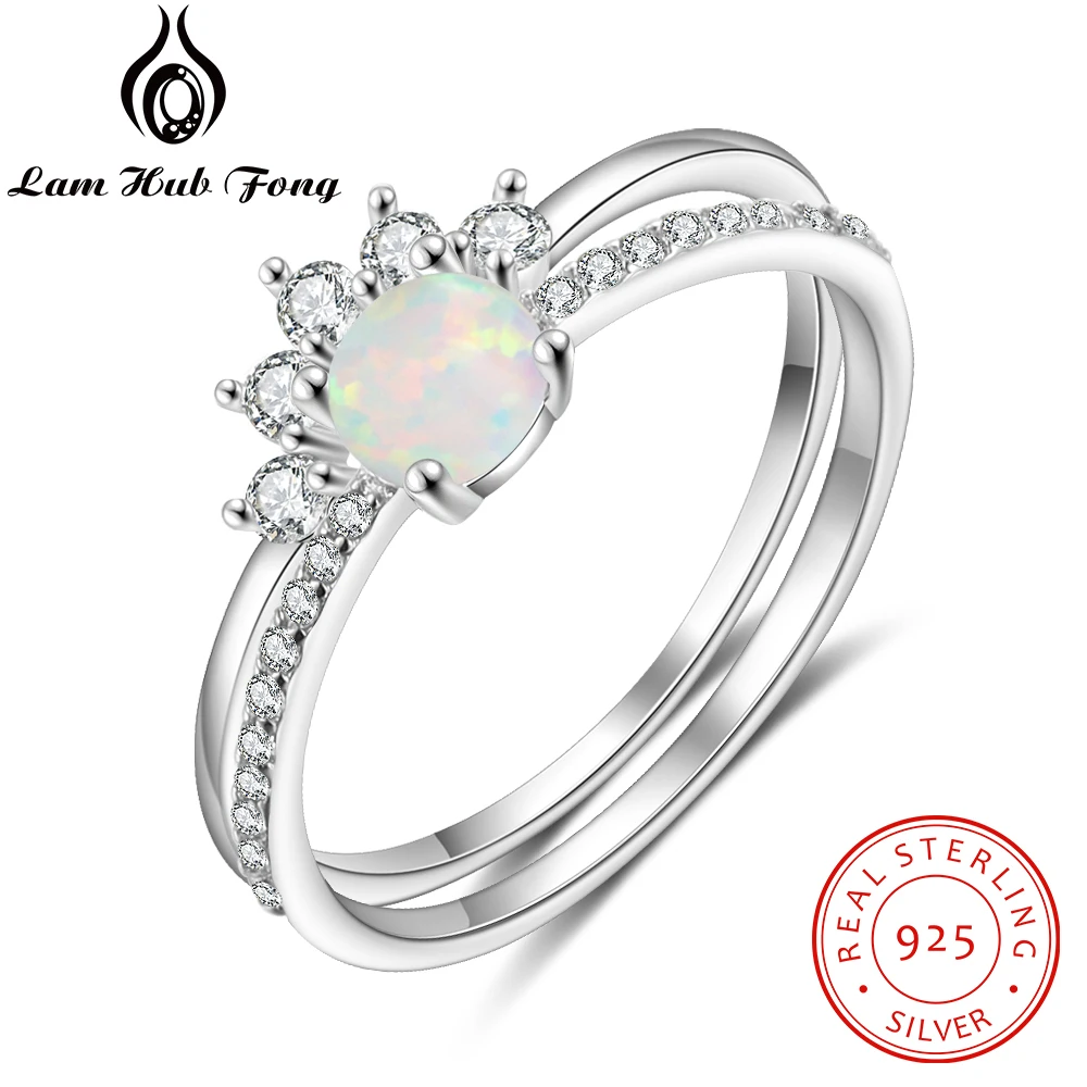 2 Pcs/Set 925 Sterling Silver Stackable Opal Ring Clear CZ Finger Rings for Women Wedding Band Silver 925 Jewelry (Lam Hub Fong)