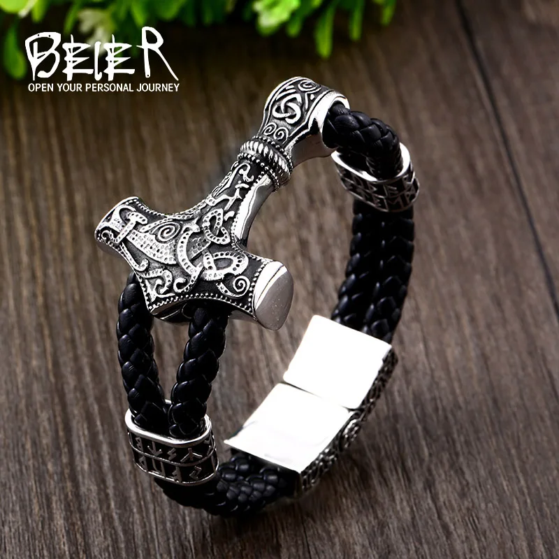 Beier 316L stainless steel Nordic Viking Men\'s Bracelet Nevis Viking Letter Stack Triangle Hammer Amulet Bracelet LLBC-L005L