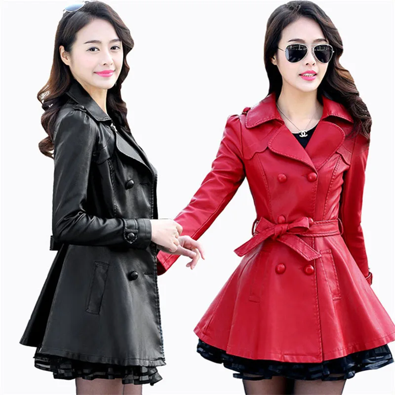 Women\'s Leather Jacket Mid Length Double Breasted Slim Autumn Winter Coat Red Black PU Leather Windbreaker Outerwear With Belt