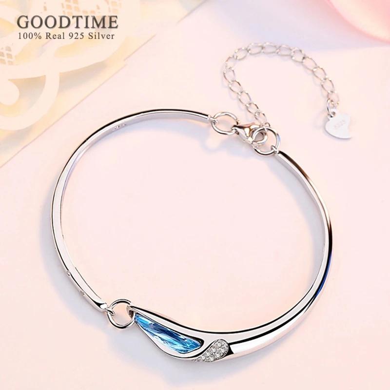 

Luxury Shine Bracelet Pure 100% 925 Sterling Silver Blue Crystal Bracelets Jewelry Charm Wedding Gift For Women Girl Party