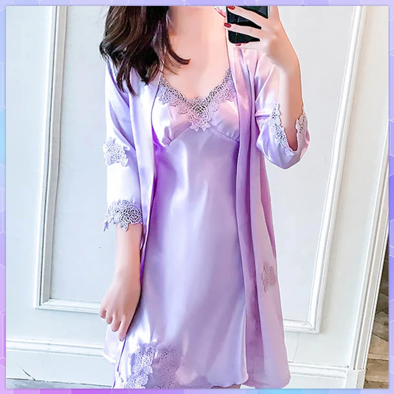 Robe Women's Nightdress Ice Silk Pajama Set Sexy Lingerie Lace Home Suit Patchwork Nightgown With Bathrobe Loose Nightie Sets