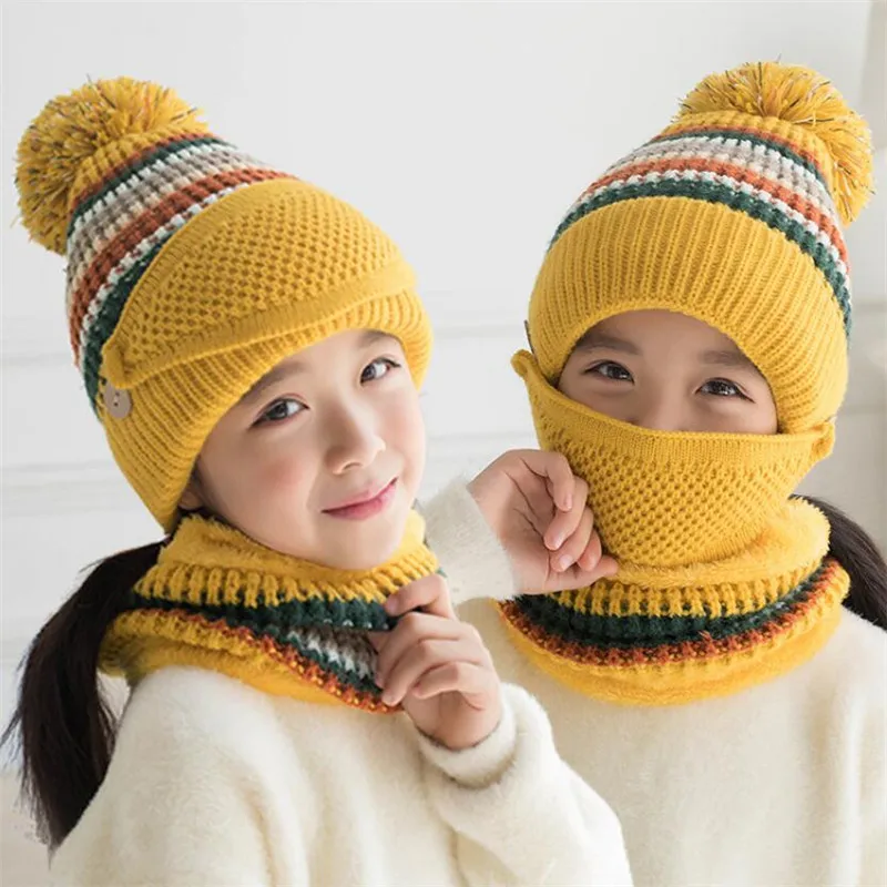 Winter Girls Hat And Scarf Set Child Warm Plush Knit Pom Pom Cap Scarves With Mask Big Kids Stripe Circular Scarf Hat  5-12T