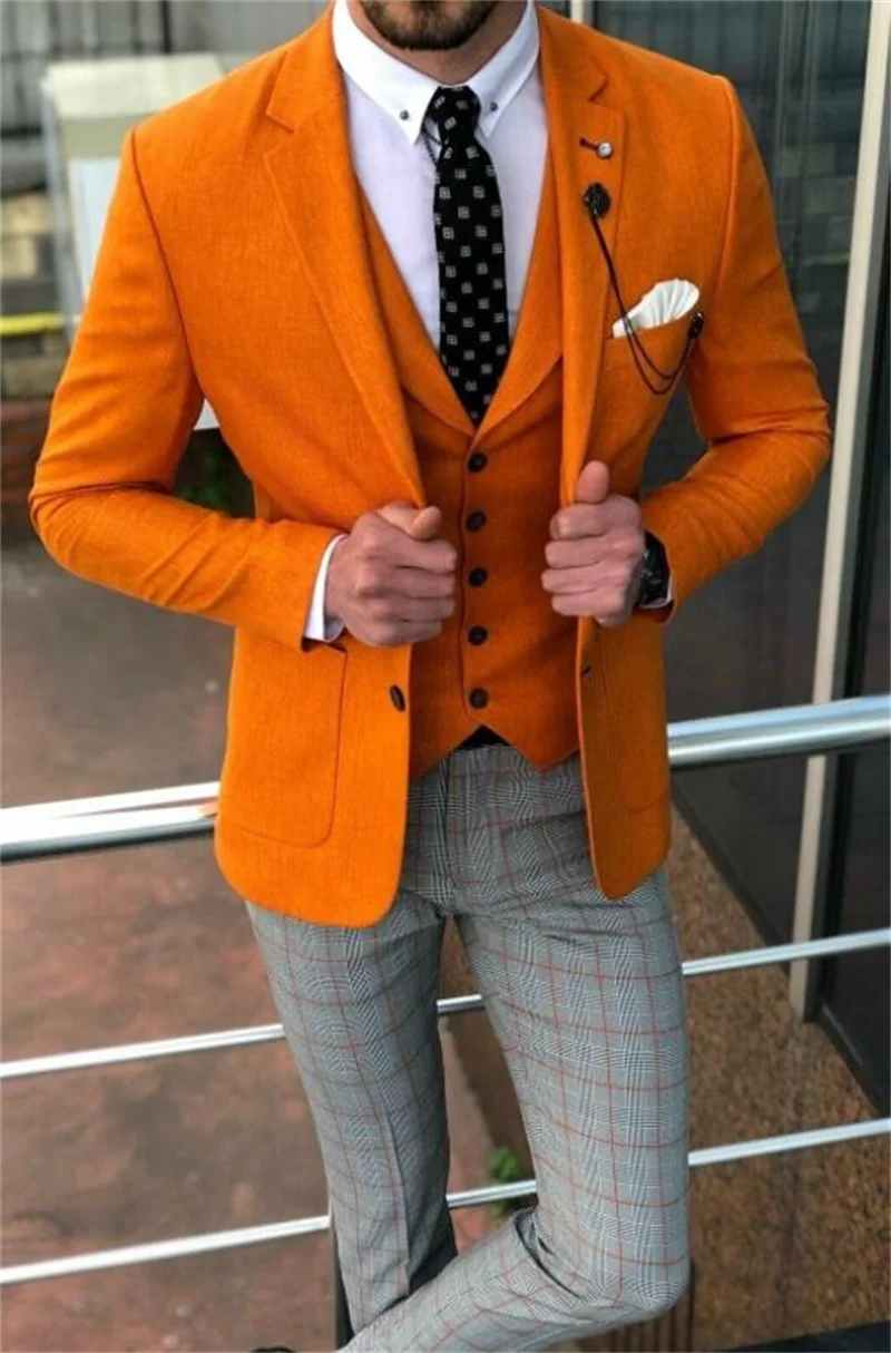 3 Stuks Oranje Mannen Suits Moderne Plaid Broek Aanpassen Knappe Wedding Suits Single Breasted Formele Zakelijke Jas + Broek + vest