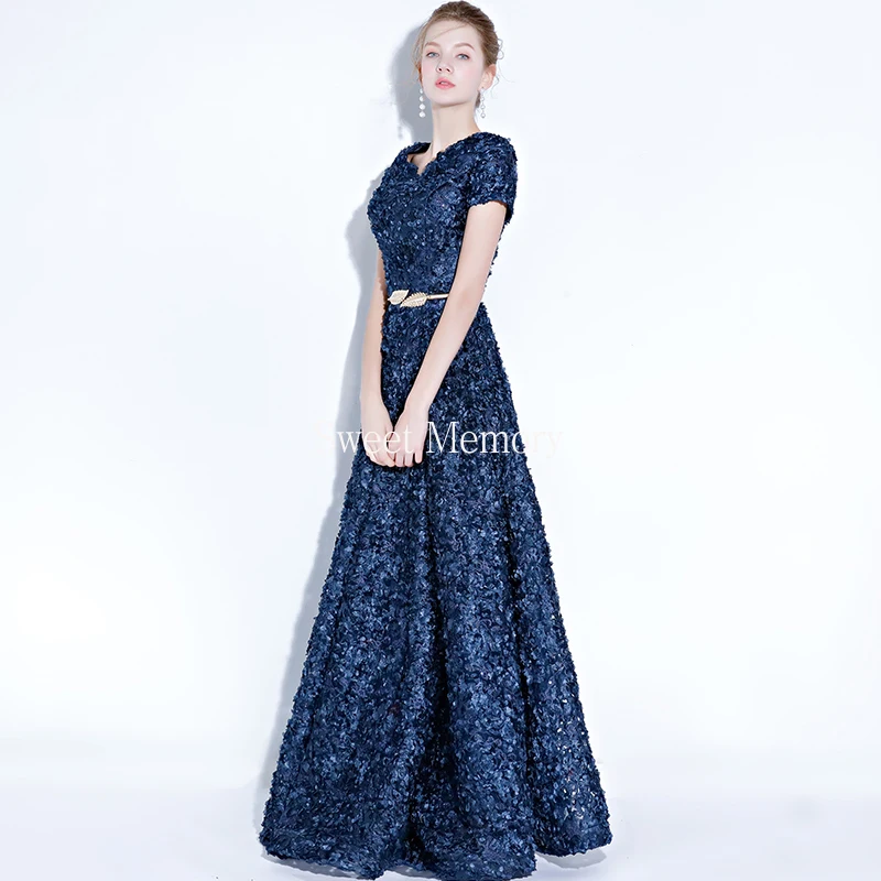 Custom Made Long Evening Dresses Pink Navy Blue Black Red Lace Formal Gown With Belt Floor Length Wedding Party Robe De Soiree