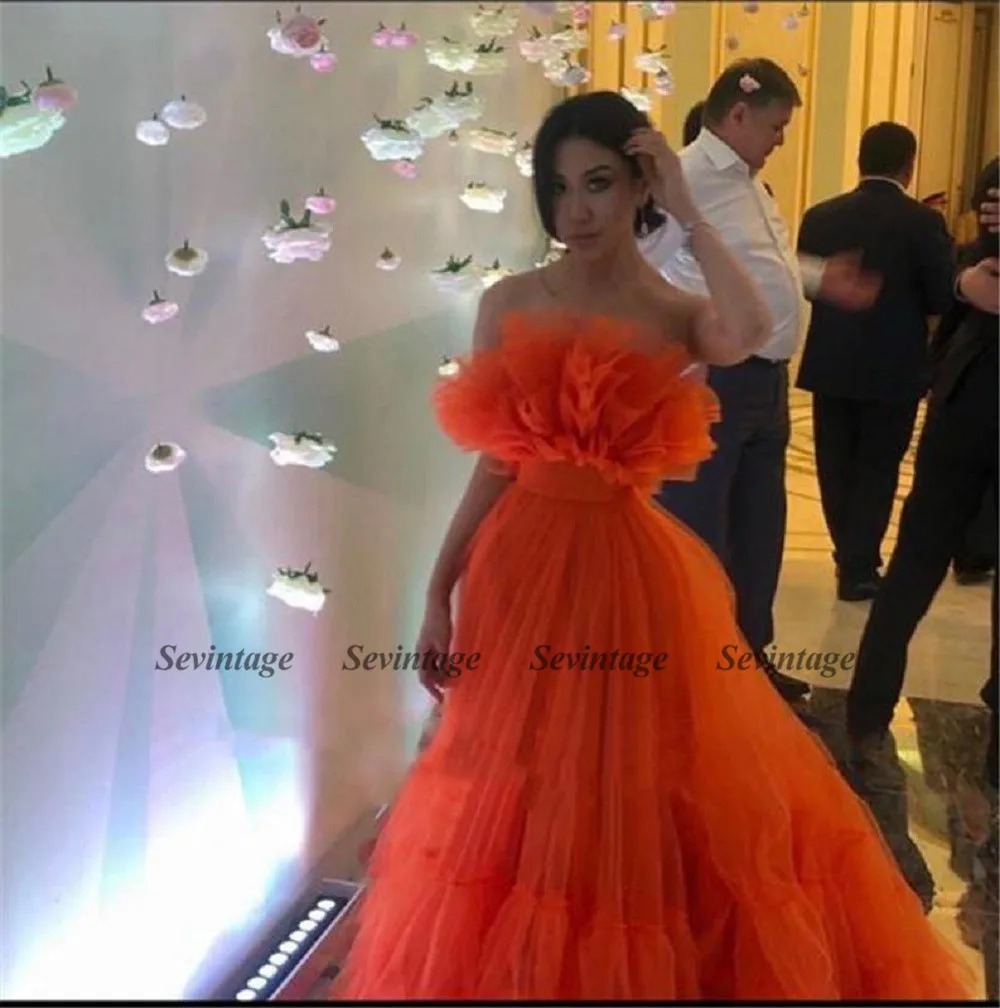 Sevintage Orange Ruffles Tulle Evening Party Dresses Strapless Tiered Plus Size Prom Dresses 2021 A Line Special Occasion Gowns