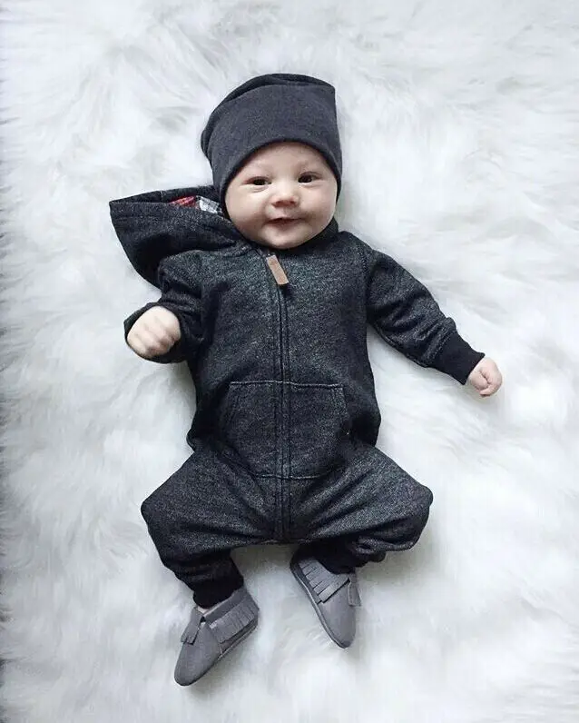 Infant Newborn Baby Boys Girl Rompers Long Sleeve Zipper Gray Cotton Hoodie Romper Jumpsuit Clothes Outfits