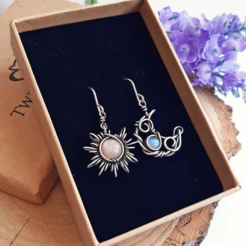 Retro Sun and Moon Crystal Dangle Drop Earrings Hypoallergenic For Women Wanderlust Jewelry Witchy Wicca Earring Pagan Bohe Gift