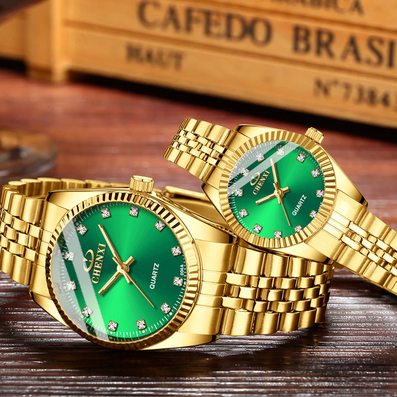 Top Brand Luxury Gold Men Watches Minimalism Retro Green Stainless Steel Golden Mens Dress Wristwatch CHENXI Casual Clock Gift