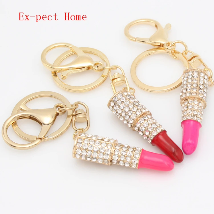 FREE SHIPPING BY DHL 120pcs/lot Fashion Metal Rhinestone Lipstick Shaped Keychains Novelty Lipstick Pendant Keyrings for Women