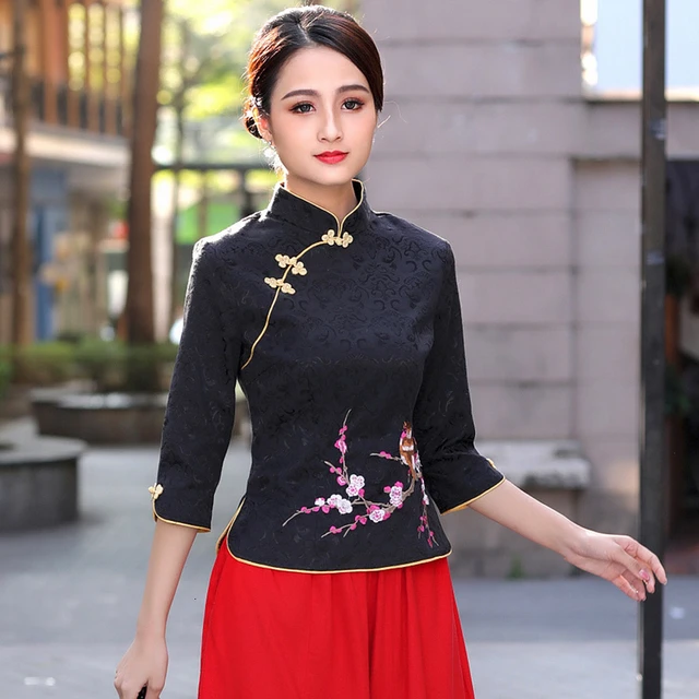 4XL Plus Size Cheongsam Blouse Jacket Traditional Chinese Clothing For  Women Style Embroidery Plum Chinese Shirt