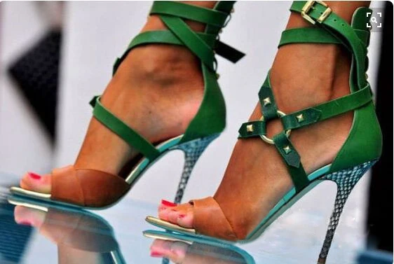 Sexy Green Straps Crossed Buckle Thin Heel Sandals Women Peep toe Mixed color Sandal Woman Cut Out Out Dress Shoes