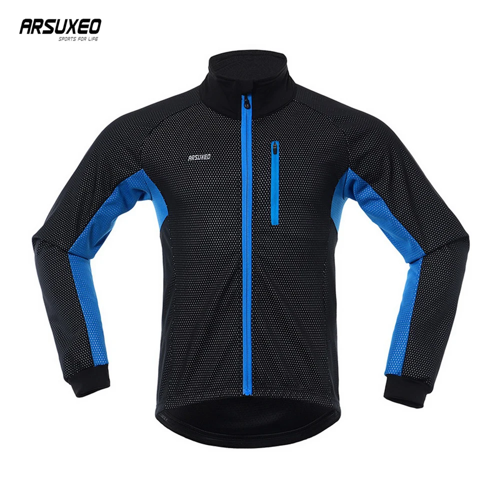 ARSUXEO Men Winter Cycling Jacket Fleece Thermal Bicycle Clothing Windproof Waterproof MTB Coat Mountain Bike Jersey Reflective