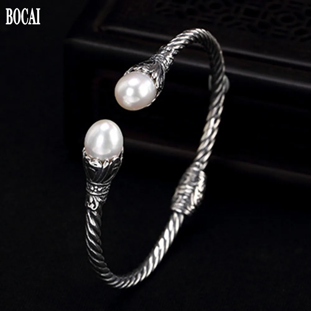 

BOCAI New S925 Sterling Silver Women's Bracelet Natural Pearl Retro Solid S925 Silver Personality Female Open Wild Bracelet