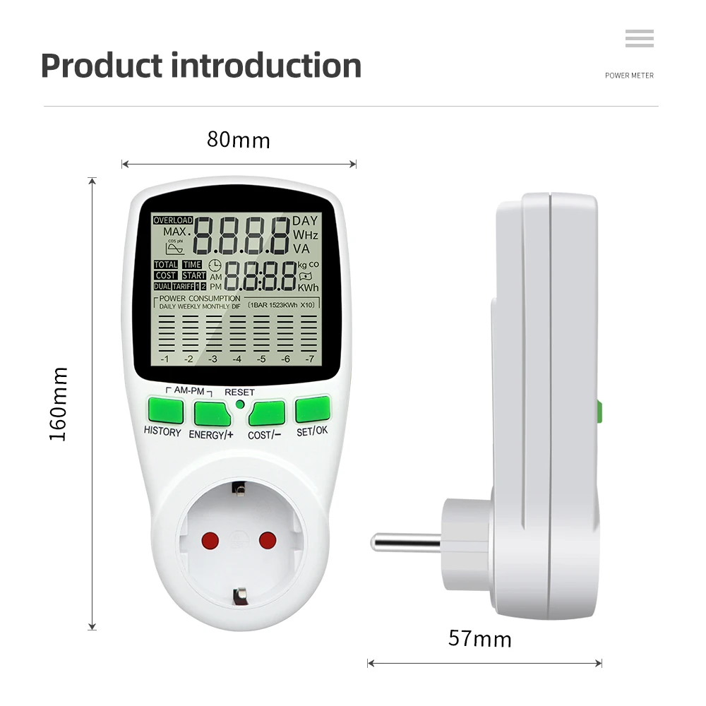 Misuratore di potenza digitale Spina UE Wattmetro Presa AC 220V Contatore di energia LCD Disply Diagramma di costo dell\'elettricità Analizzatore di