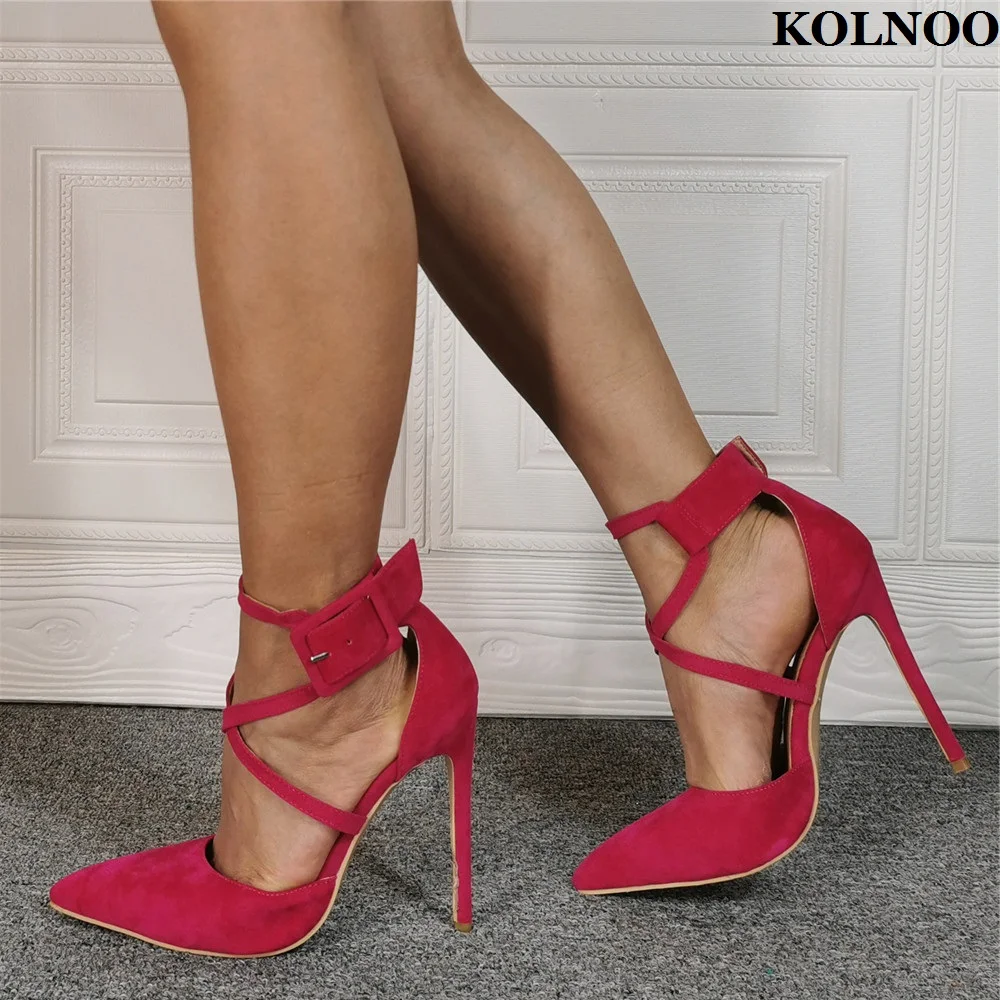 

Kolnoo New Women Handmade Stieltto High Heels Pumps Cross Buckle Strap Kid-Suede Leather Summer Evening Fashion Court Red Shoes