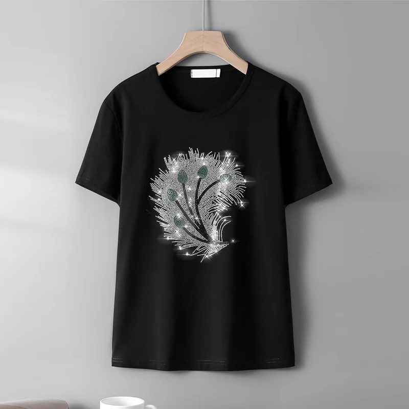 

Summer Fashion short-sleeve T-shirts female Creativity Peacock feather Hot diamonds Pattern Loose Casual Round neck women tops