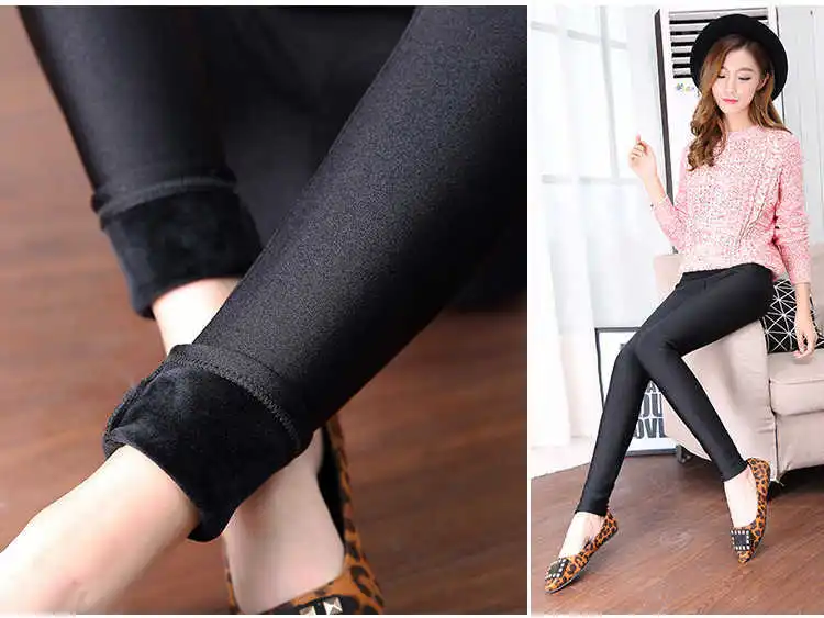 Herbst Winter Dicke Leggings Fashion Solid Dünne Hosen Dame Fleece Warme Leggings Casual Schwarz Glänzende Hohe Taille Leggings – Detail 4