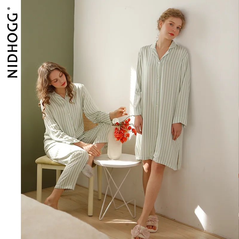 Spring Satin Nightgowns Long Sleeve Women Sleepwear Viscose Green Striped Sleepshirts Night Dress Sexy Sleep Tops Comfortable