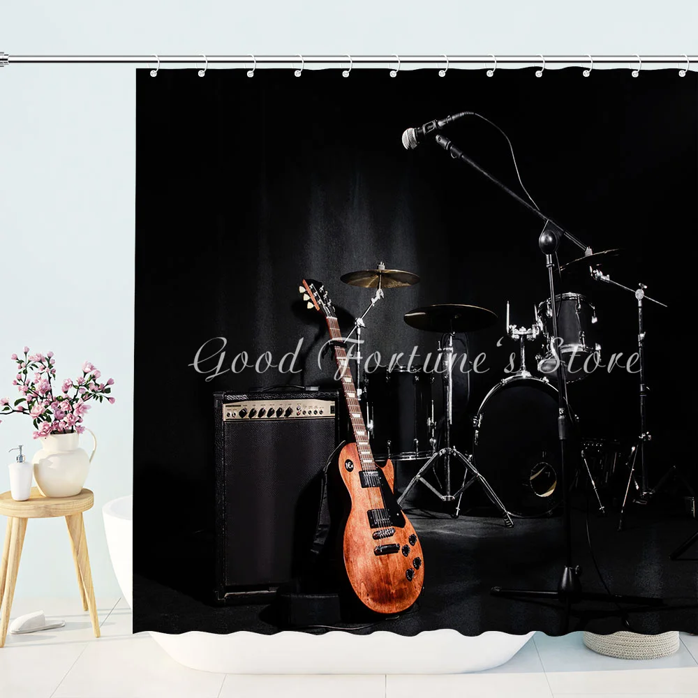 Music Theme Guitar Drums Shower Curtain