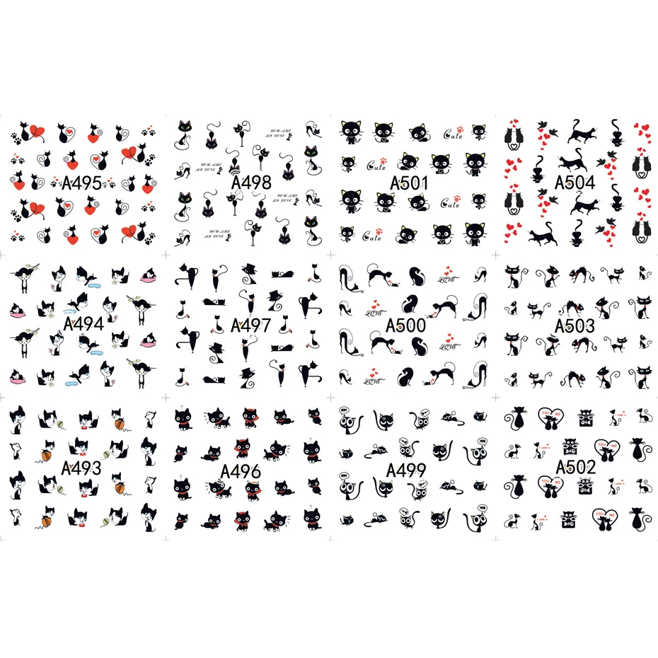 12pcs adesivi per gatti neri decalcomanie per unghie Love Heart Cartoon Nail Art cursori d'acqua decorazioni per tatuaggi Manicure di san valentino TRA493-504