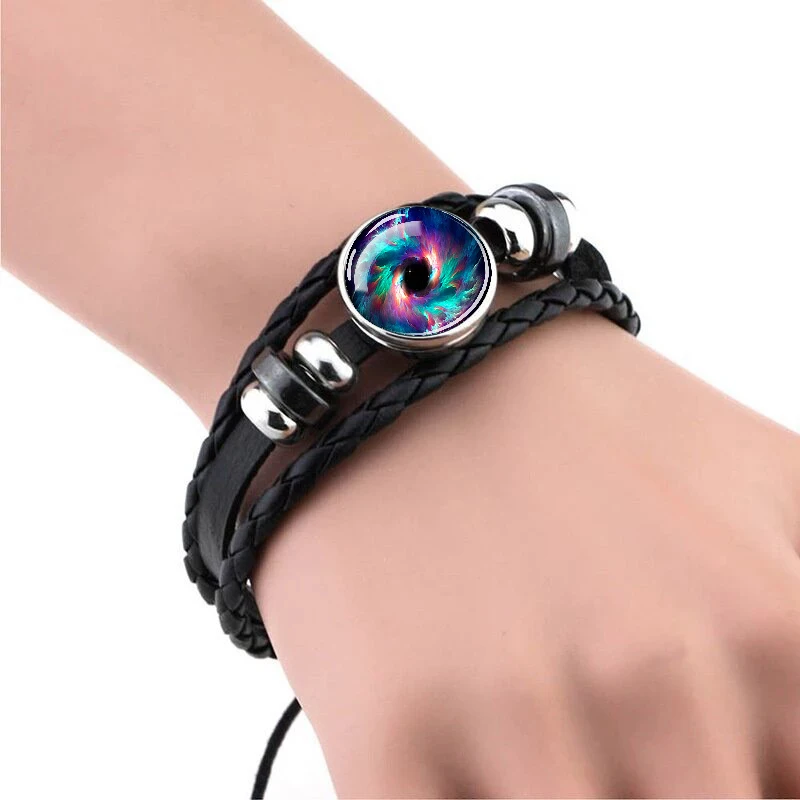 Esspoc Steampunk Galaxy Bracelet for Women Men Jewelry Luminous Glass Cabochon Black Leather Handmade Bangles Pulseras Mujer