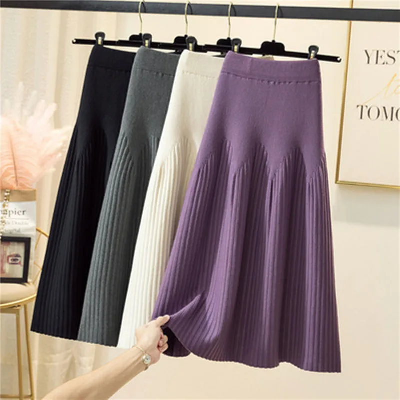 

Autumn Winter Thickened Rib Knitted Large Swing Maxi Long Skirts Elegant Solid A-line Pleated Ankle Length Knit Skirts Coffree B