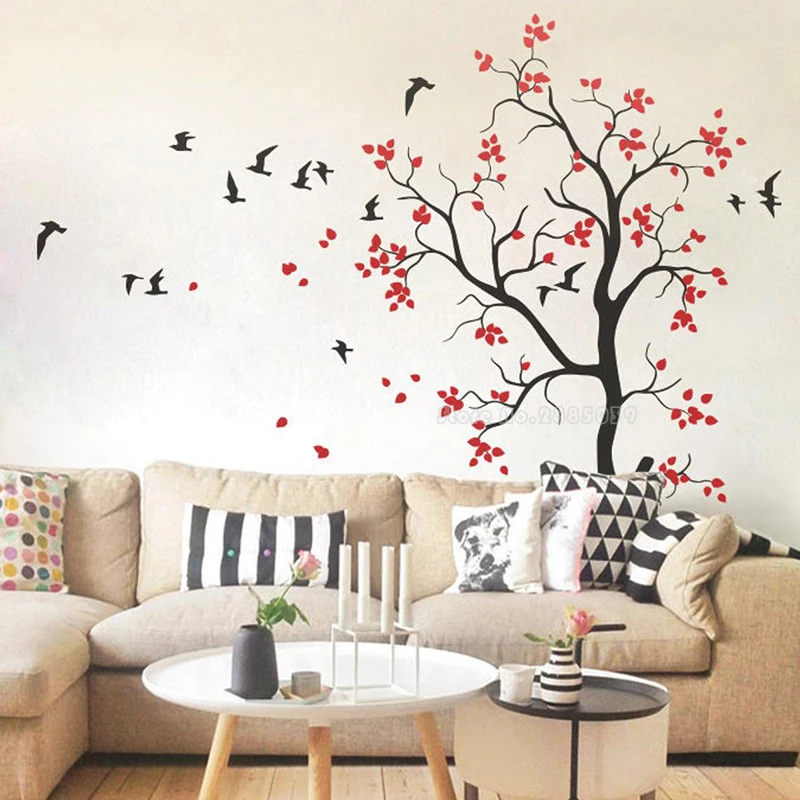 Nursery Tree With Flying Birds And Cute Leaves Wall Decal Baby Kids Room Wall Stickers Large Tree Home Decoration Murals LL2253