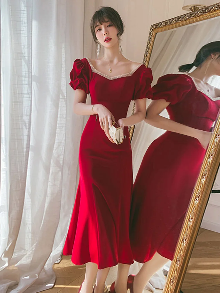 Women's Red Mermaid Evening Dresses Sexy Slim Backless Square Collar Puff Sleeve Tea-Length Vestidos Bar Mitzvah Formal Gowns