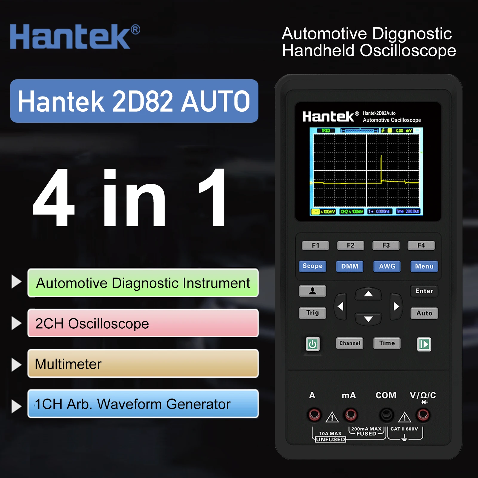 Hantek 2D82 Handheld 2 Channels 80Mhz 4 in 1 Oscilloscope + Multimeter + Automotive Diagnostic+Signal Source Updated from 2D72