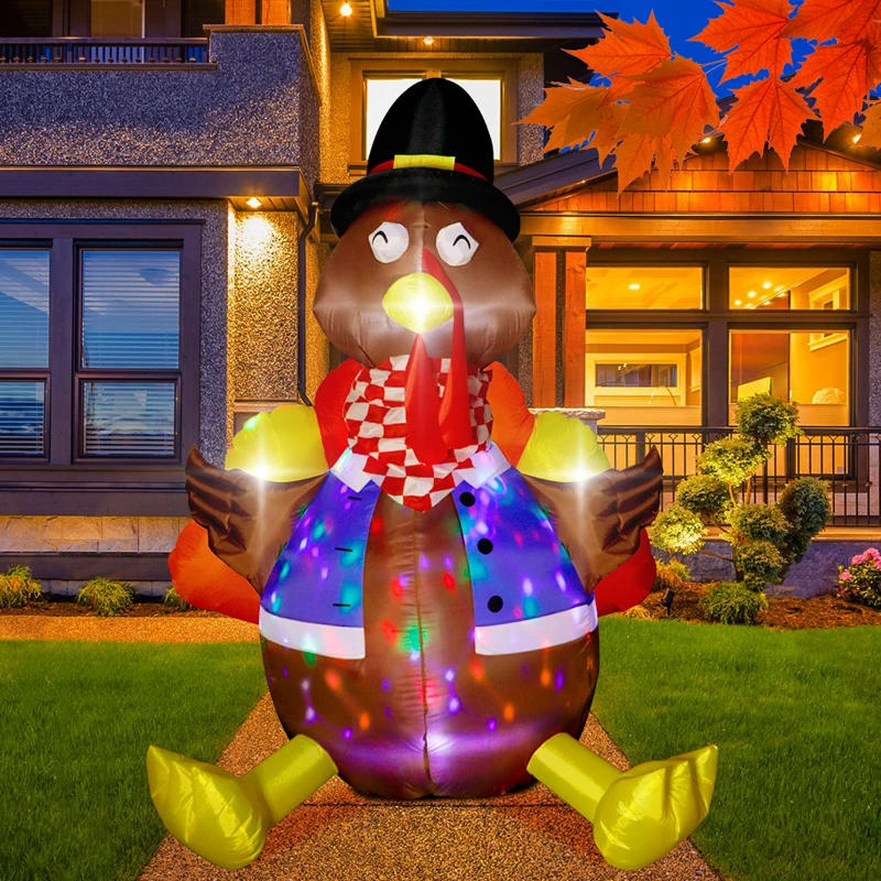 

6ft Inflatable Turkey Thanksgiving Day Outdoor Decorations Blow up Turkey Built-in Rotating LED Colorful Lights for Yard Garden