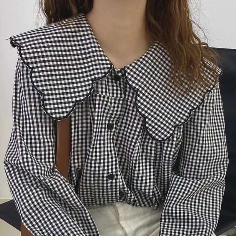 Spring Shirt Womens Lovely Elegant Soft Student Simple Plaid All-match Chic Tops Peter-pan-collar Fashion Vintage New Clothing