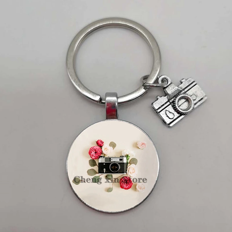 Love Moon Hot Air Balloon Round Glass Camera Flower Picture Cabochon Dome Keychain Camera Car Bag Keychain Accessories image 5