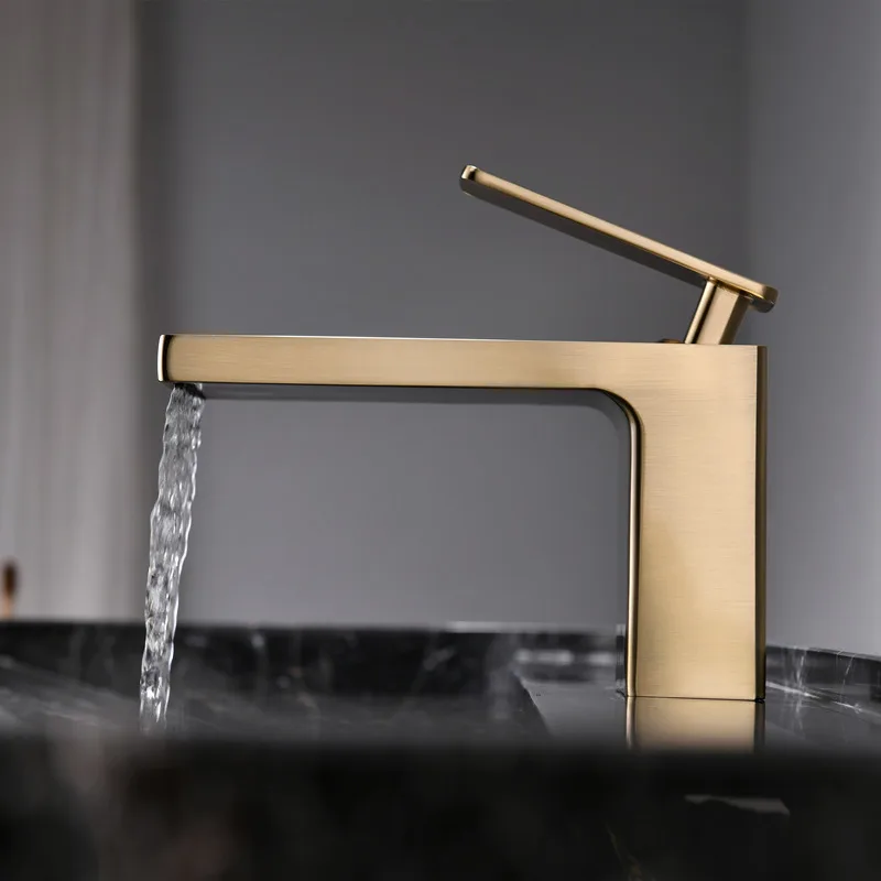 Gold brush brass faucet bathroom square mixer hot and cold bathroom frosted gold crane water faucet waterfall style black faucet