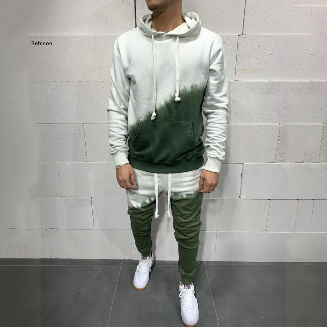 

Men's 2 Pieces Contrast Color Personality 3D Gradient Casual Suit Sweater Hooded Suit Men