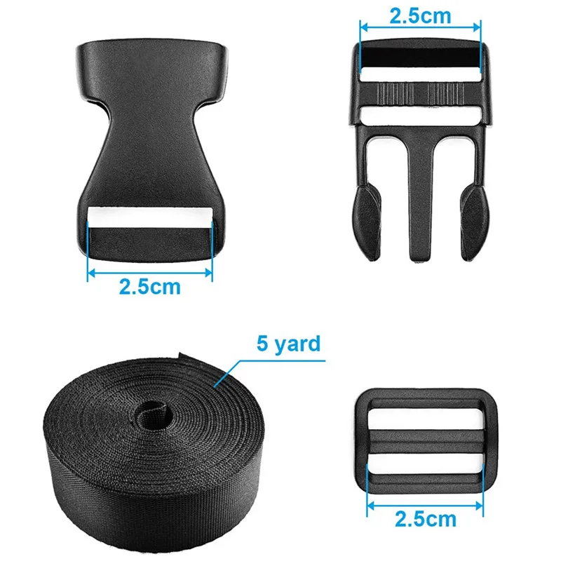 

5Set 1'' Flat Side Release Plastic Buckles and Tri-Glide Slides with 5 Yards/Roll PP Webbing Straps for DIY Making Luggage Strap