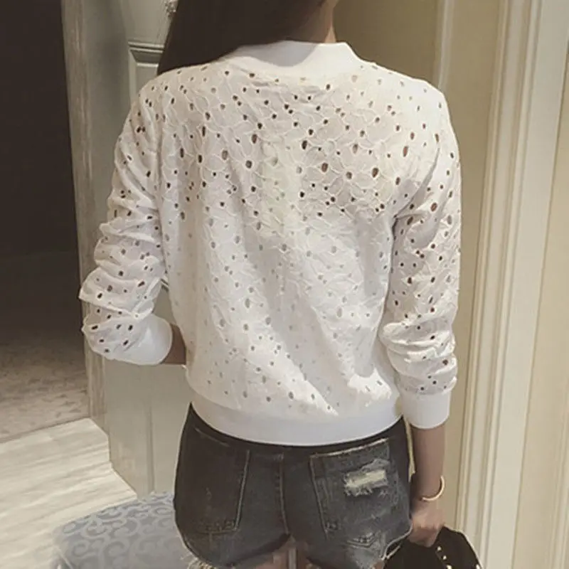 Spring/summer 2021 Large Size Cardigan Lace Thin Bomber Jacket Coat Long Sleeve Short Hollow Baseball Uniform Sunscreen Women